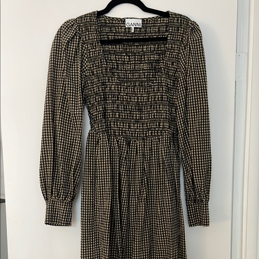 Ganni Black and White Smocked Sundress with Bishop Sleeves